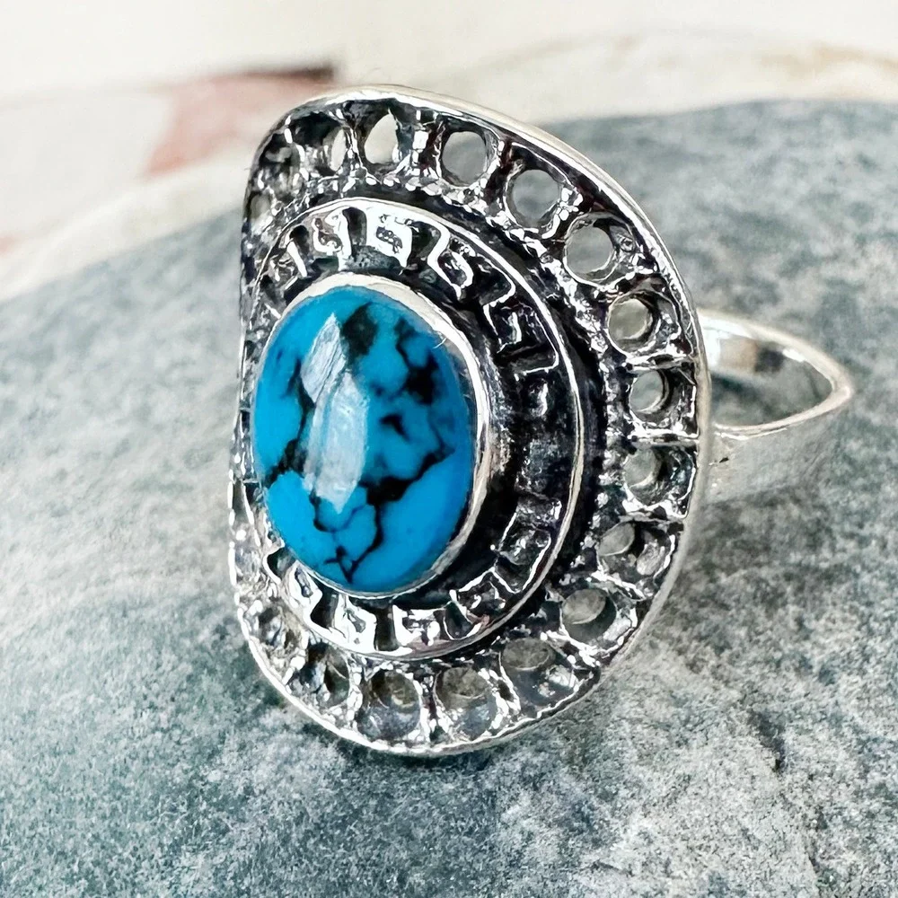 Turquoise Ring Sterling Silver Statement Ring Boho Jewelry Women's‎ 7.25